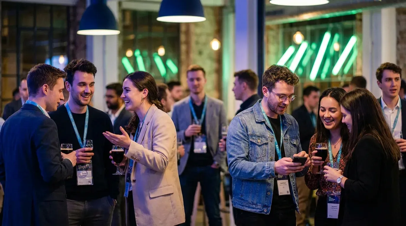 Professionals talking at an evening community meetup